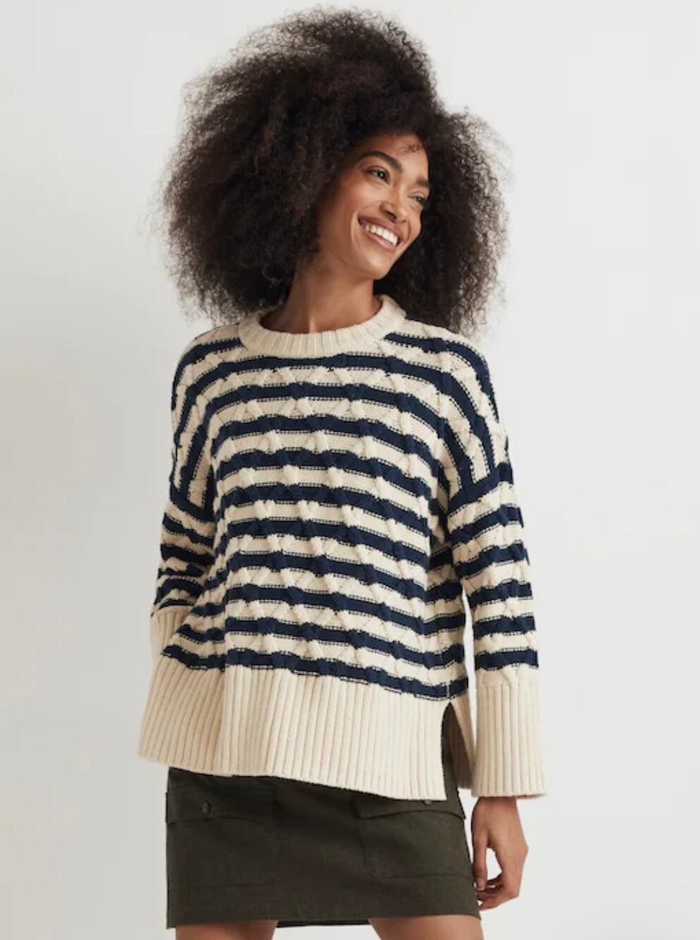 Madewell NWT Cable-Knit Oversized Sweater Navy Ecru Stripe